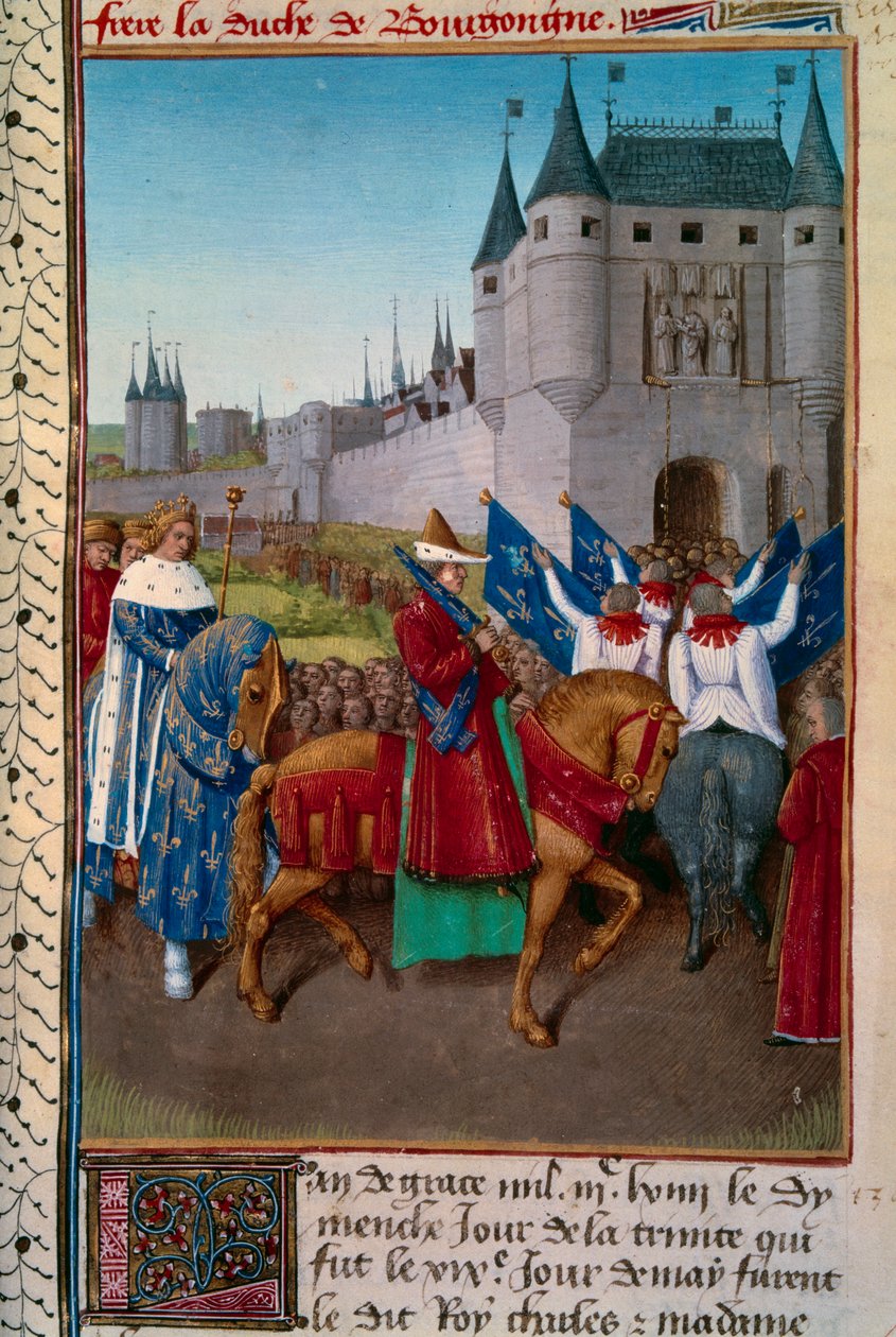 Kaarle V:n (1338-1380) saapuminen Pariisiin, jota edelsi Robert de Fiennes (1308-1385) tekijältä Jean Fouquet