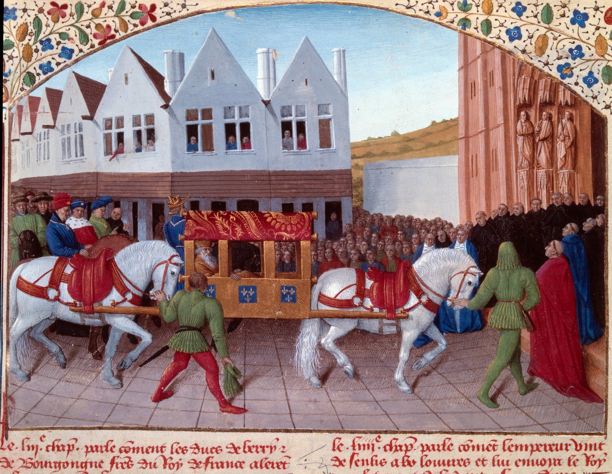 Kaarle IV:n (1316-1378) Entrée Saksan keisari vuonna 1378 Saint-Denisissä. Miniatyyri teoksesta "" Grandes Chronicles de France"" (Folio 442). Jean Fouquet