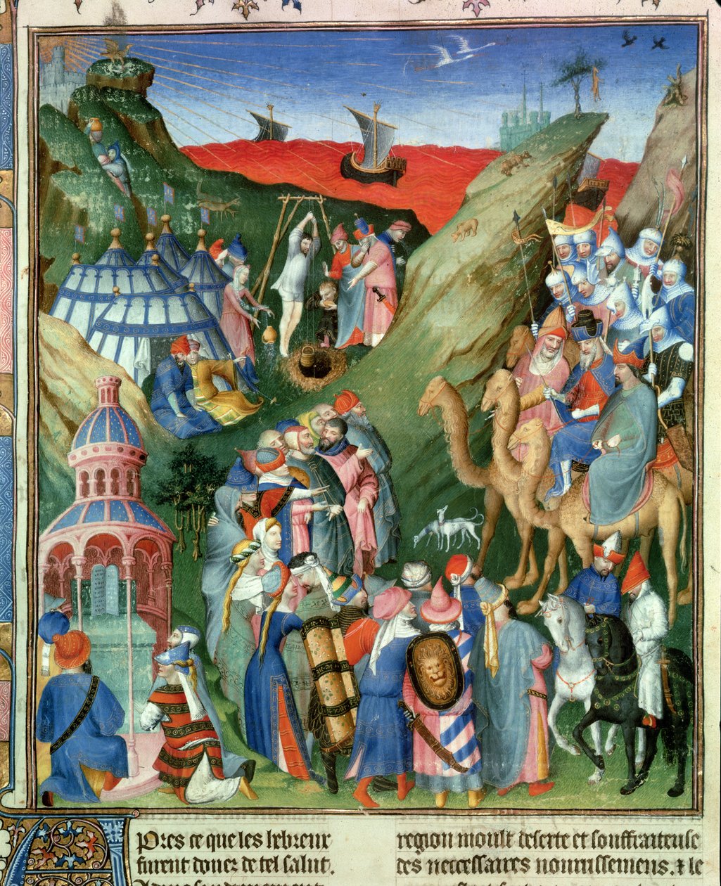 Fr 247 f.49 Tome 1 Heprealaiset erämaassa, kuva julkaisusta "Antiquites Judaiques", n. 1470 tekijältä Jean Fouquet