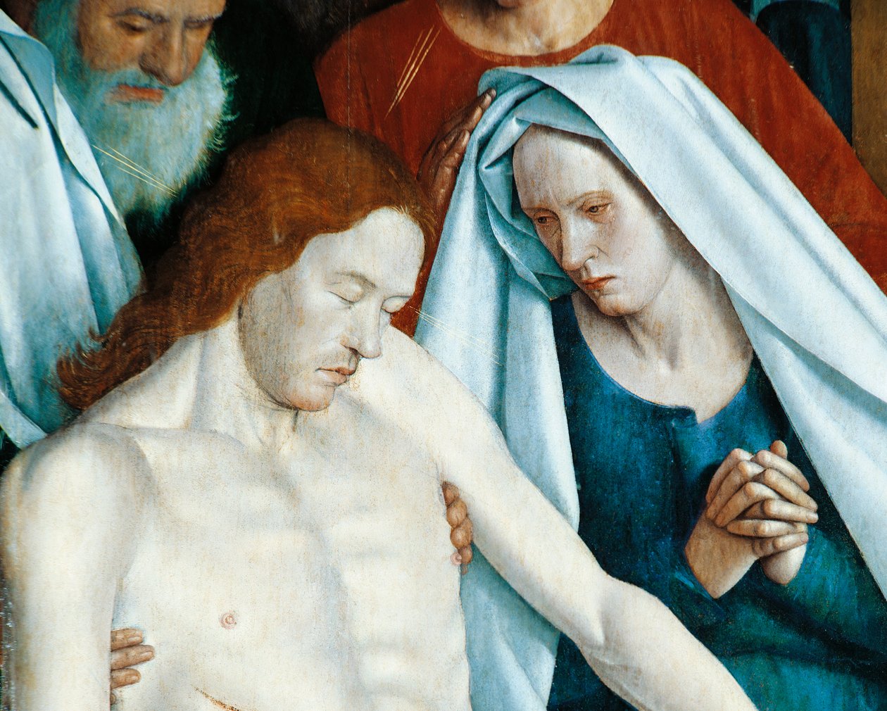 Ranska, Nouans-les-Fontaines, St Martinin kirkko, Neitsyt ja Kristus, yksityiskohta Pietasta tekijältä Jean Fouquet