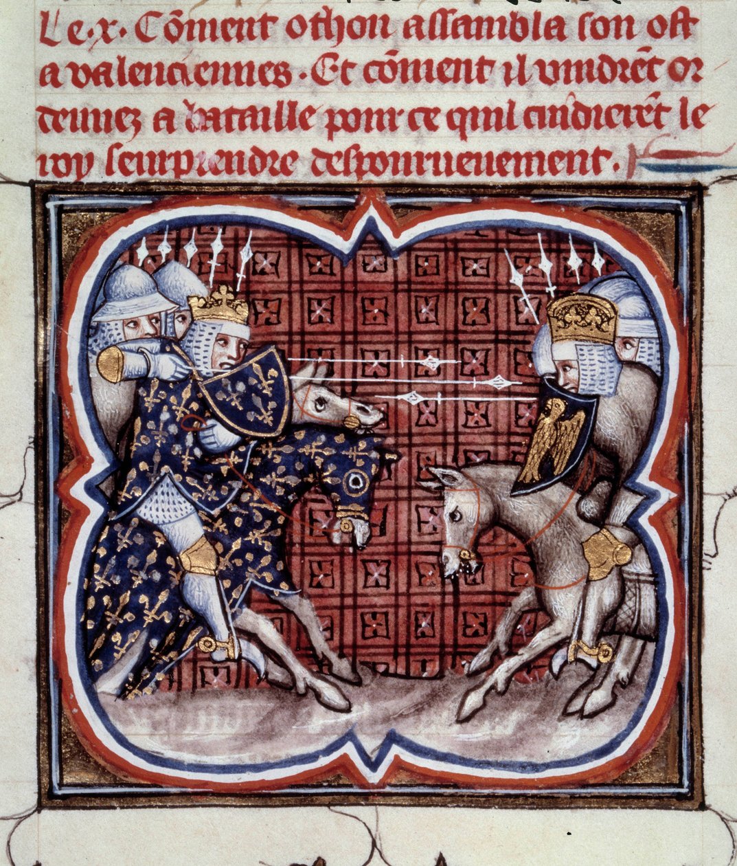Ranskan ja Englannin sota (1202-1214): Bouvinesin taistelu 27.7.1214 Philippe Augusten ranskalaisen armeijan ja Othon IV:n flaamilaisten ja Welfien välillä. Ranskan voitto oli ratkaiseva sodan tuloksessa. Miniatyyri "Ranskan suurista kronikoista" b tekijältä Jean Fouquet