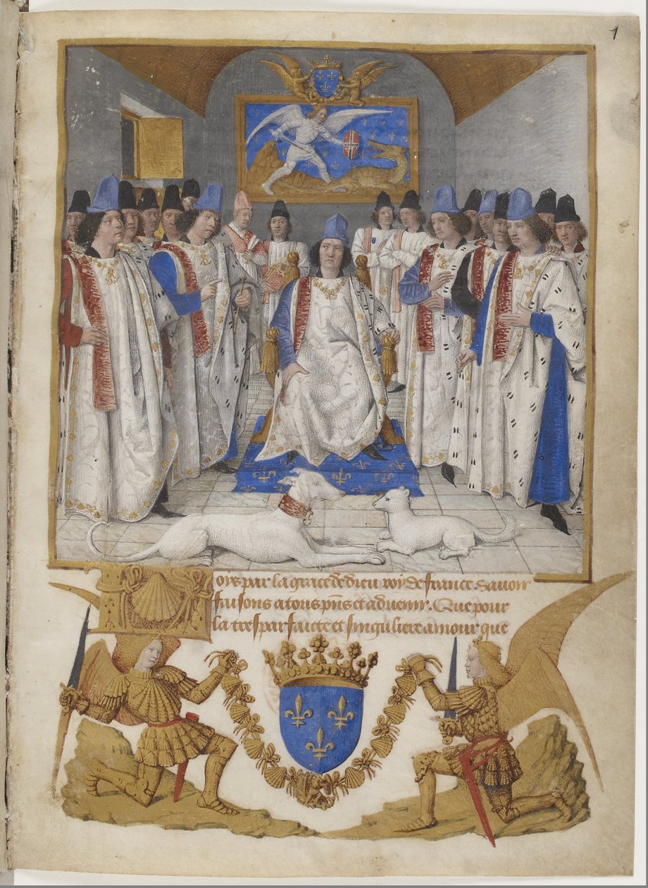 Mikaelin ritarikunnan sääntöjen etukuva, joka on tarkoitettu Ludvig XI:lle. tekijältä Jean Fouquet