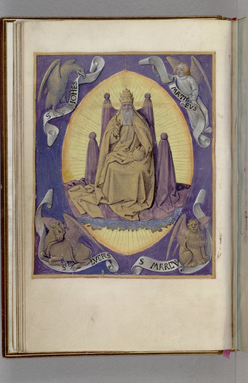 Isä Jumala ja neljän evankelistan symbolit kulmissa. Tuntikirja, 1450-1499 tekijältä Jean Fouquet