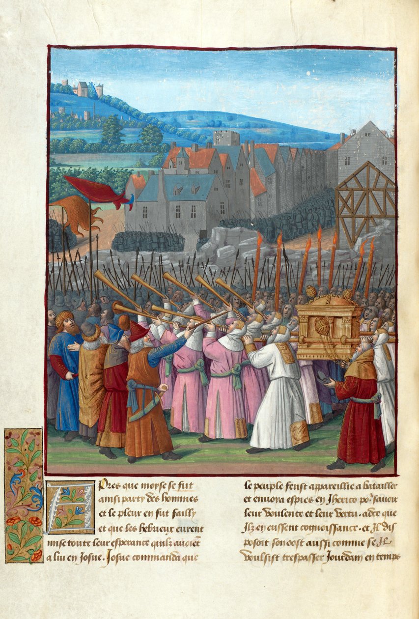 Joosua ja Jerikon kukistuminen. Kuvitus kirjassa Flavius Josephus ""Juutalaisten antiikki"" (Antiquitatum Iudaicarum) par Fouquet, Jean (1420-1481). Guassi pergamentilla, 1400-luvun loppu, Bibliotheque Nationale de France tekijältä Jean Fouquet