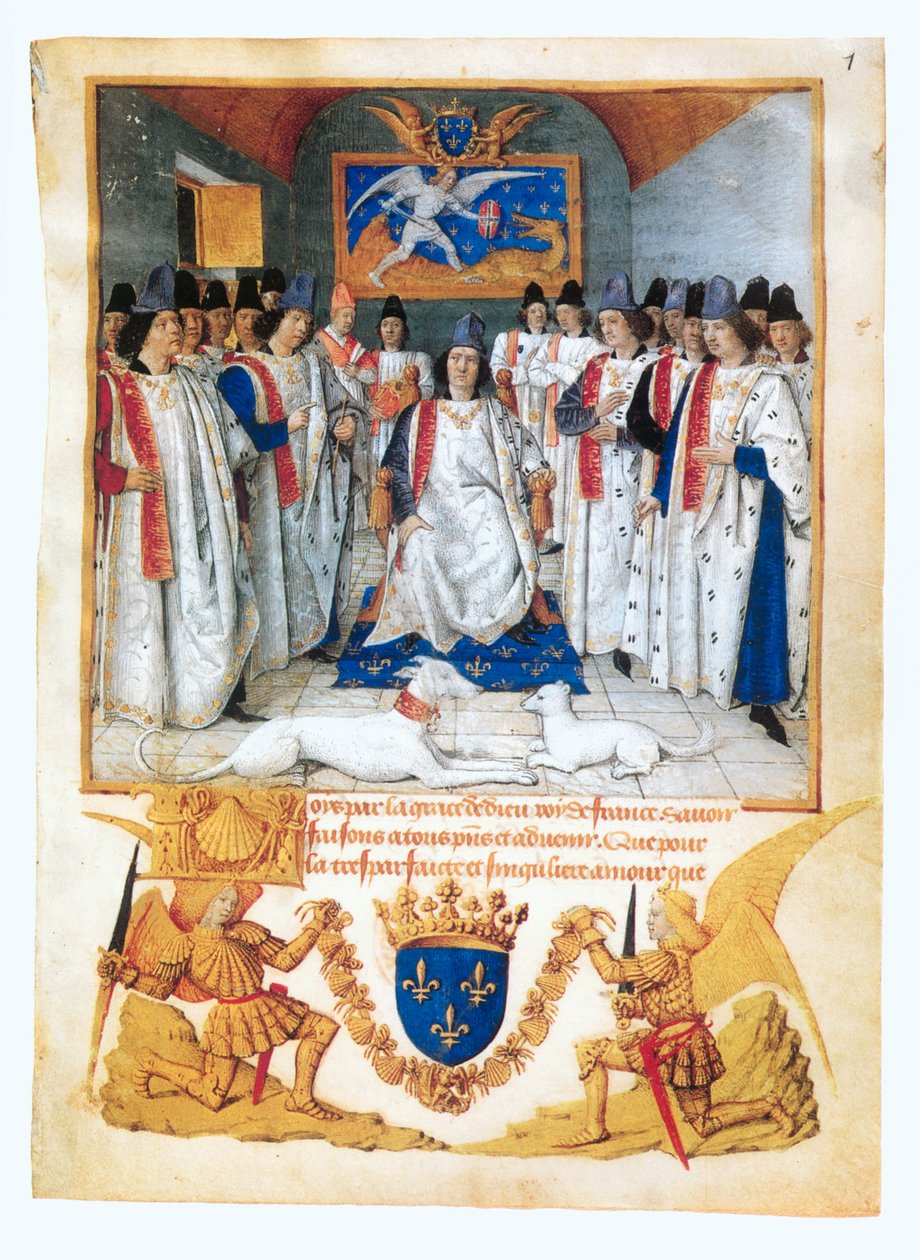Kuningas Ludvig XI toimii puheenjohtajana ... (illuminaattikäsikirjoitus) tekijältä Jean Fouquet
