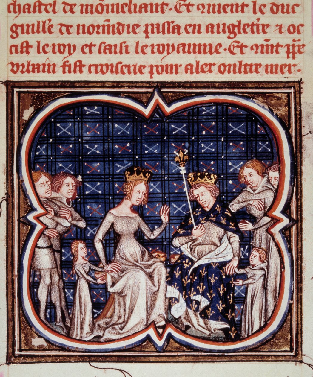 Ranskan kuningas Philip I (1052-1108) vaimonsa Berthe of Hollanden ja heidän lastensa Constance of Francen (1078-1125) ja Ludvig VI:n (1081-1137) miniatyyri teoksesta "" Les grandes chronicles de France"" (ms. fr 2813 fol. 182) 1375-1380 Paris, B.N. tekijältä Jean Fouquet