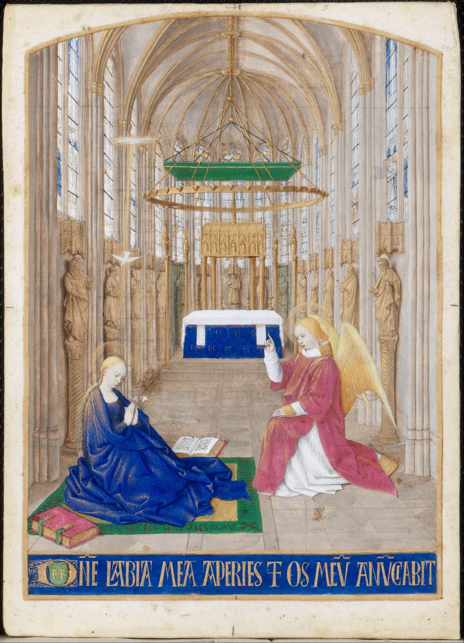Ilmestyskirkko, pienoiskuva Étienne Chevalierin tunnista. Pyhän Hengen virka, messu tekijältä Jean Fouquet