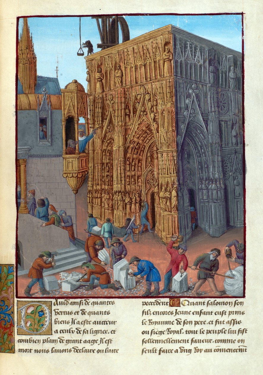 La construction du temple de Salomon - Salomonin temppelin rakennus. Kuvitus kirjassa Flavius Josephus ""Juutalaisten antiikki"" (Antiquitatum Iudaicarum) par Fouquet, Jean (1420-1481). Guassi pergamentilla, 1400-luvun loppu, Bibliotheque Nationale tekijältä Jean Fouquet