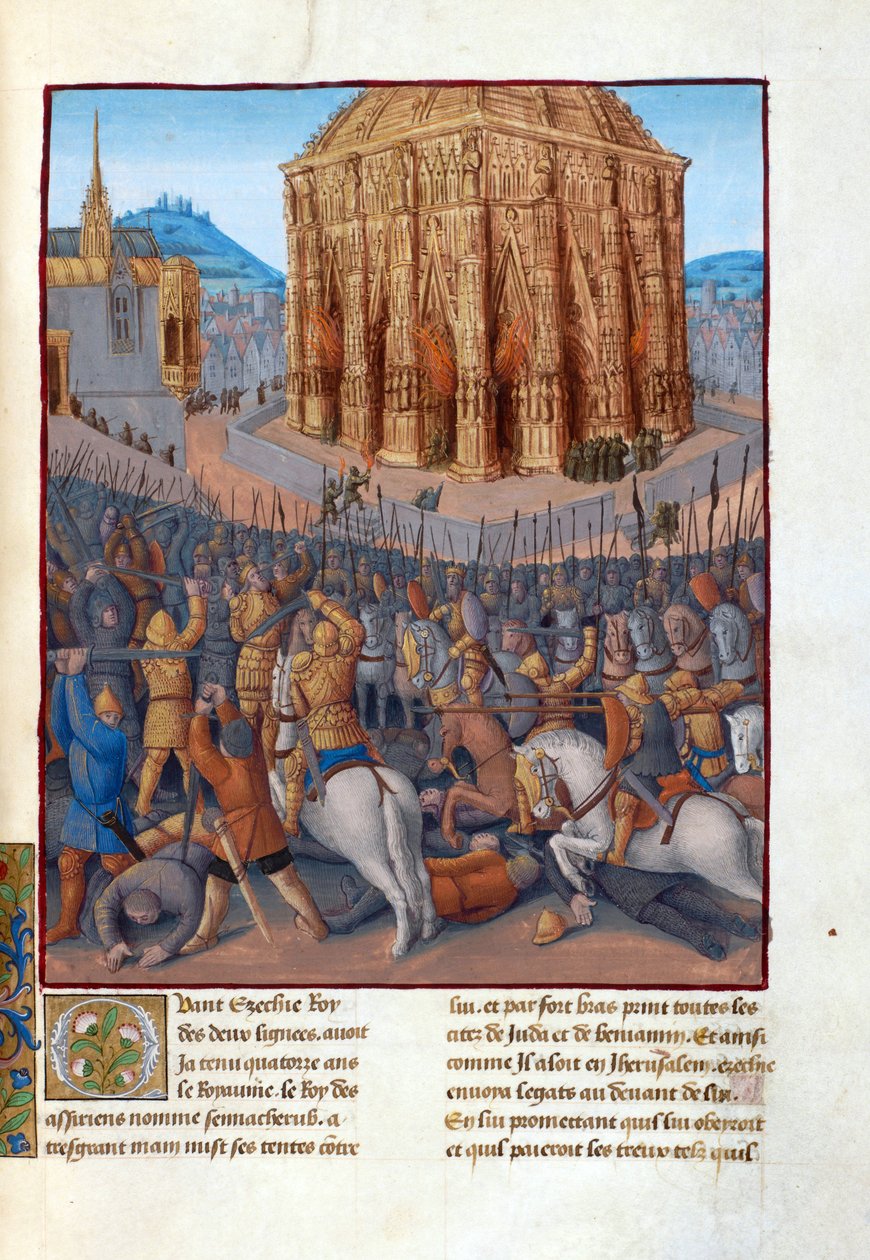 Le siege de Jerusalem par le roi de Babylone Nebukadnessar II (604-562 ennen JC) - Nebukadnessar II:n Jerusalemin piiritys. Kuvitus kirjassa Flavius ​​​​Josephus "Juutalaisten antiikki" (Antiquitatum Judaicarum) par Fouquet, Jean (1420-1481). Guassi päällä tekijältä Jean Fouquet