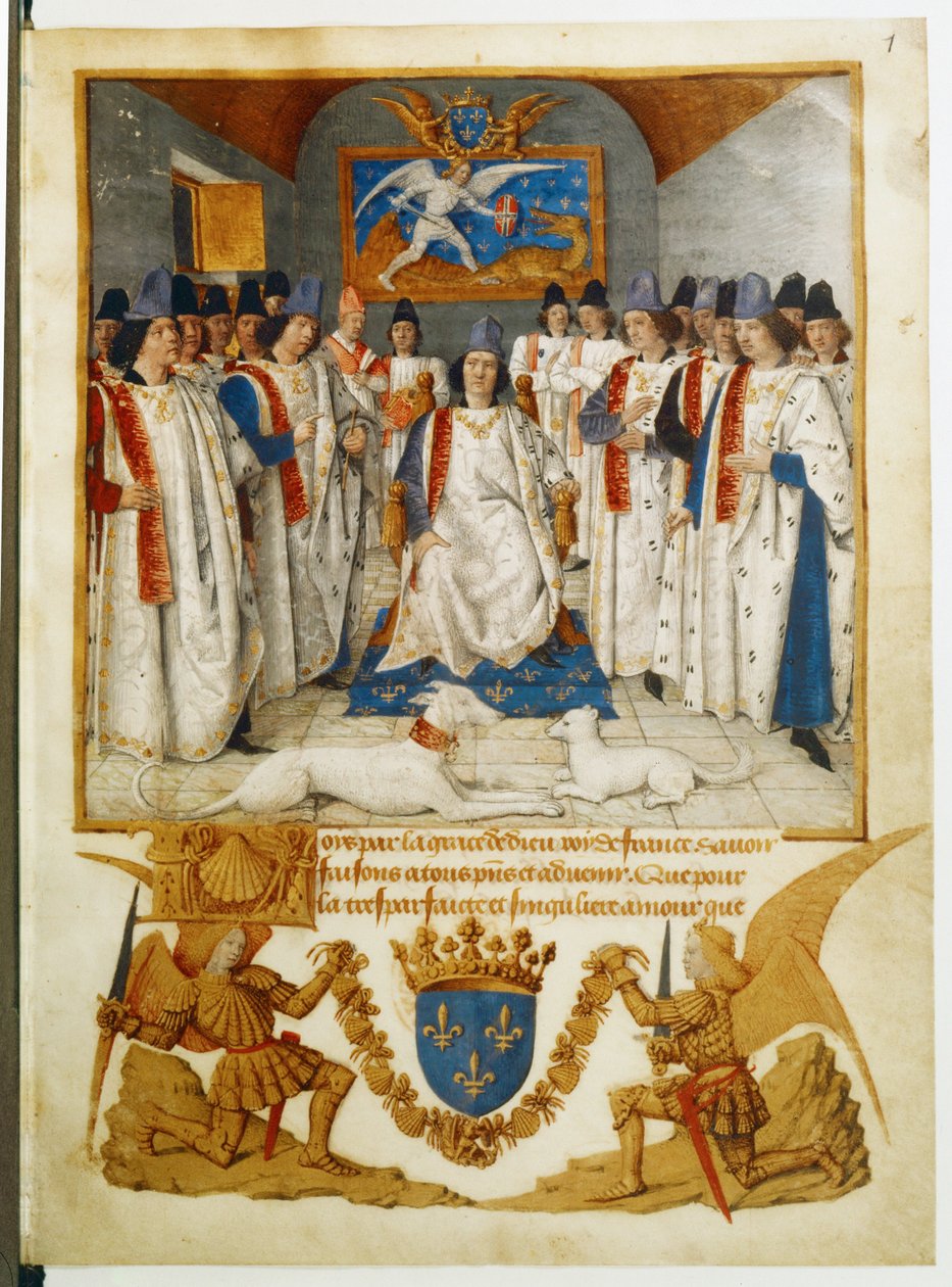 Ludvig XI Saint-Michelin ritarikunnan kokouksen puheenjohtajana ... tekijältä Jean Fouquet