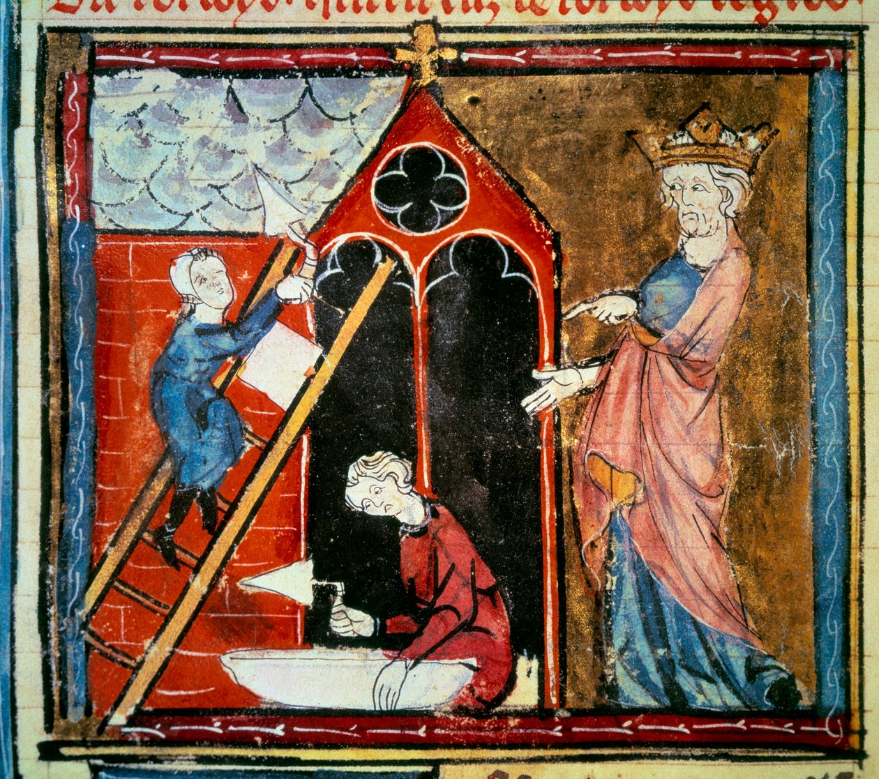 Louis vi le gros (1081 - 1137) rakennuksen rakentamisen valvonnassa. Pienoiskuva Jean Fouquet