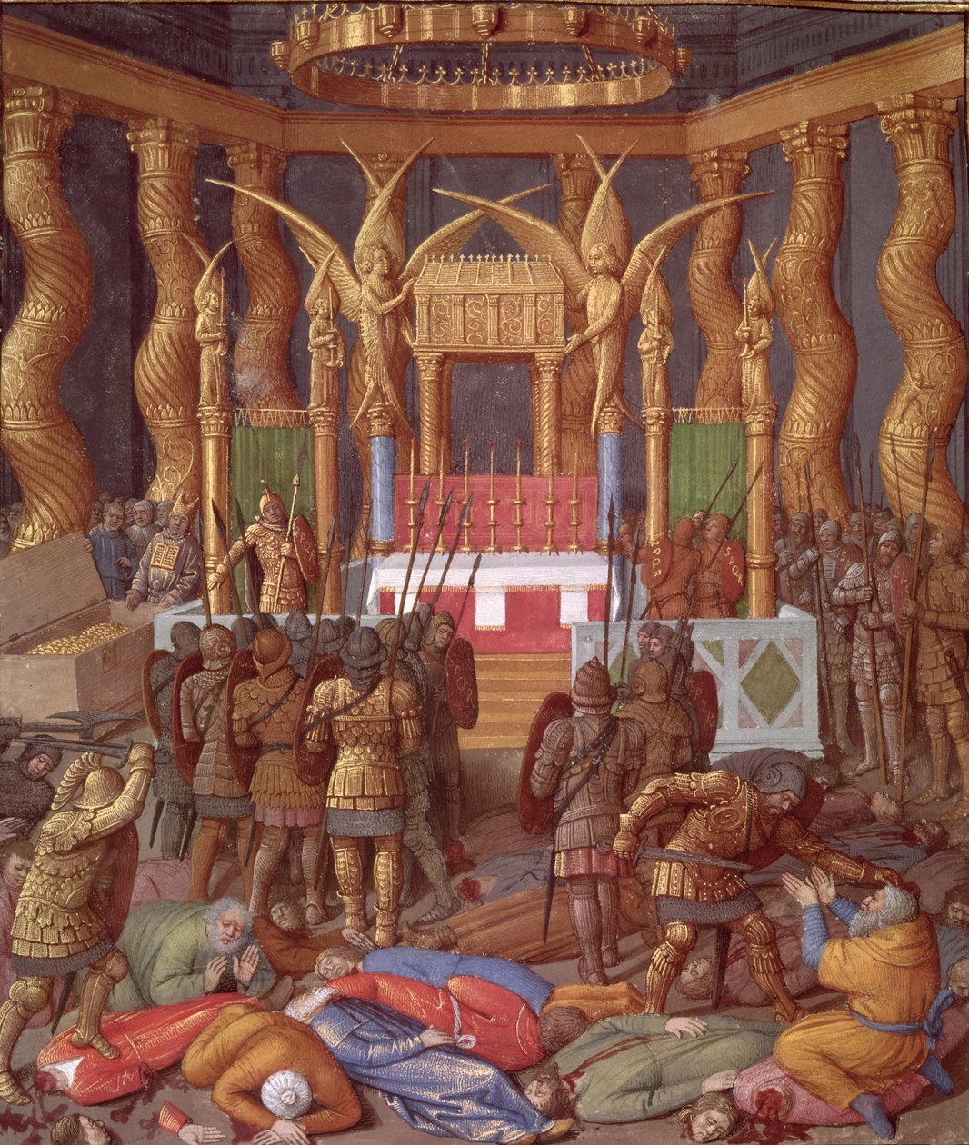 Ms Fr 247 f.293 Pompeius ja hänen sotilainsa Jerusalemin temppelin häpäisy vuonna 63 eKr., kuva julkaisusta "Antiquites Judaiques", n. 1470 tekijältä Jean Fouquet