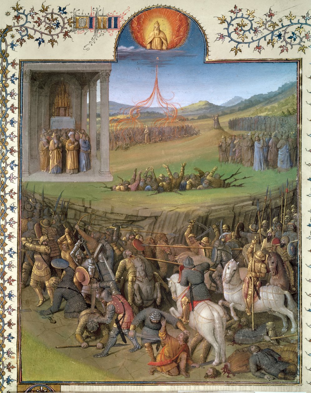 Ms Fr 247 f.70 Heprealaisten taistelu kanaanilaisia vastaan ja Korahin ja kapinallisten kuritus, kuva julkaisusta "Antiquites Judaiques", n. 1470 tekijältä Jean Fouquet