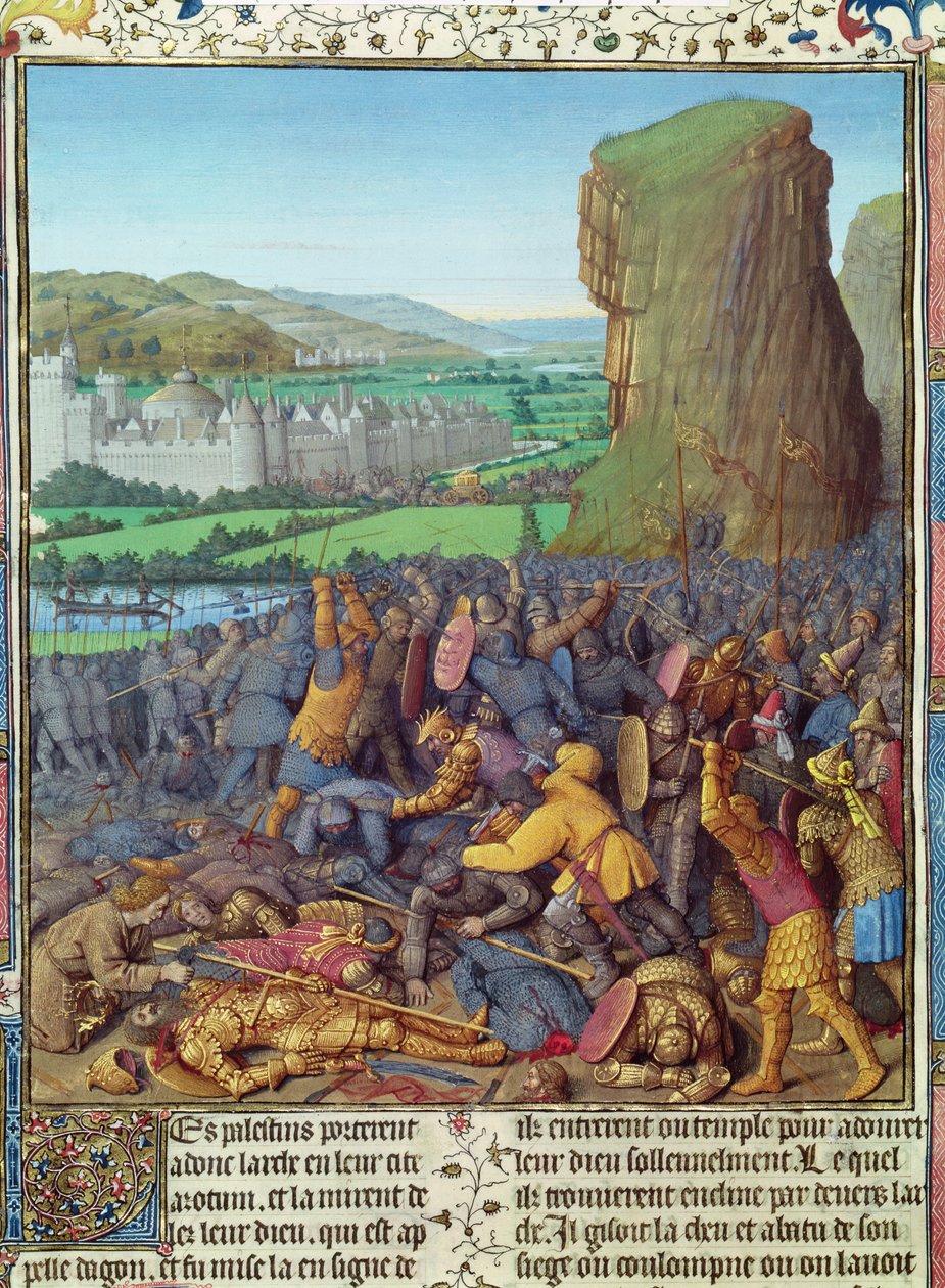 Ms Fr 247 fol.110 Israelilaisten voitto filistealaisista, kuva julkaisusta "Antiquites Judaiques", n. 1470 tekijältä Jean Fouquet