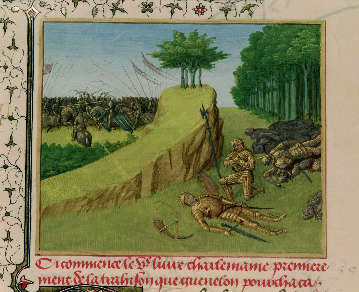Ms Fr 6465 f.113 Keisari Kaarle Suuri löytää Rolandin ruumiin Roncevaux