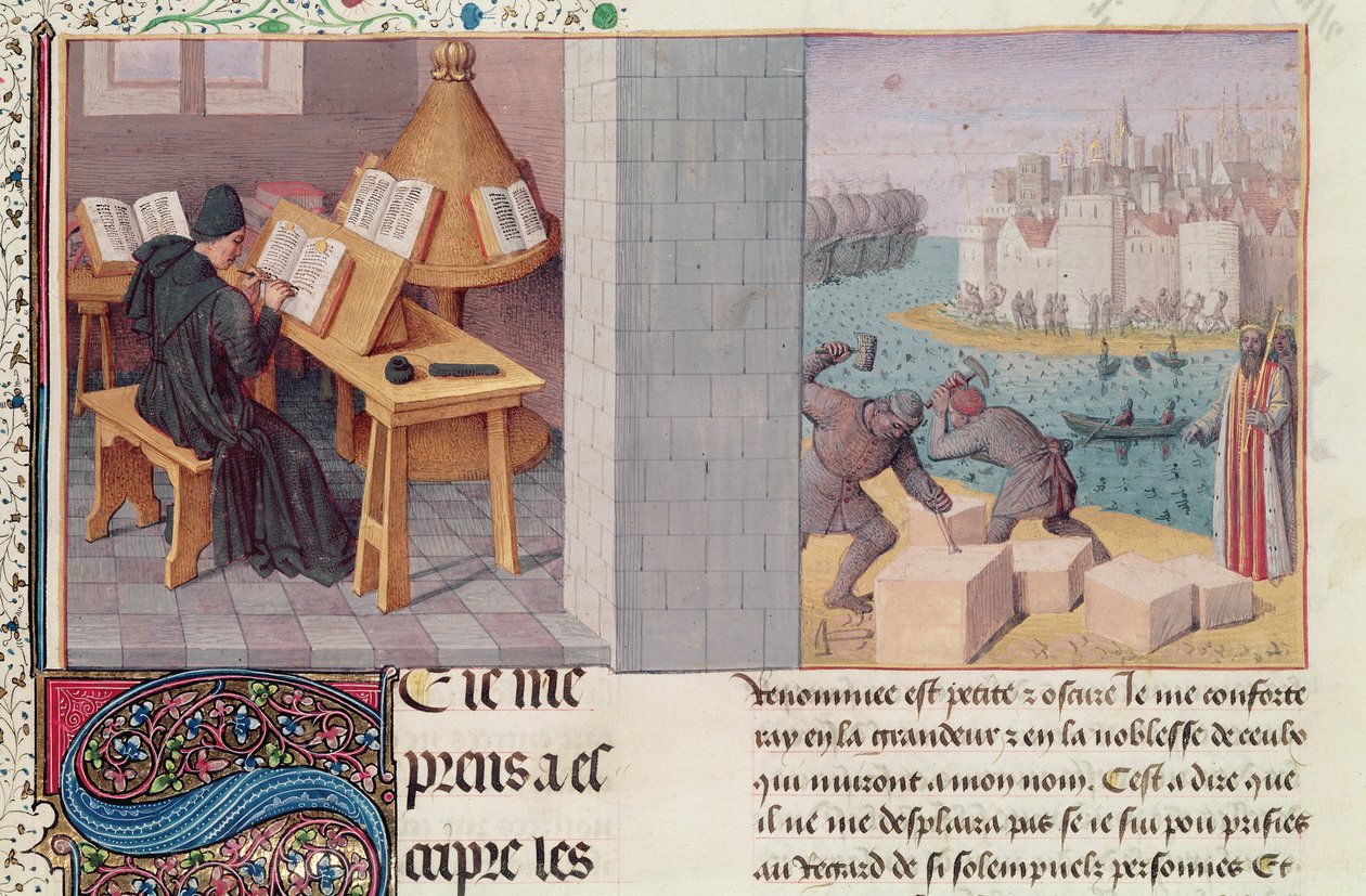 Ms.fr.273 fol.7 Livius (59 eKr.-17 jKr.) Kirjoittaminen ja Rooman perustaminen, Pierre Bersuiren kääntämä kirjasta The Annals of the Roman People, n. 1475 tekijältä Jean Fouquet