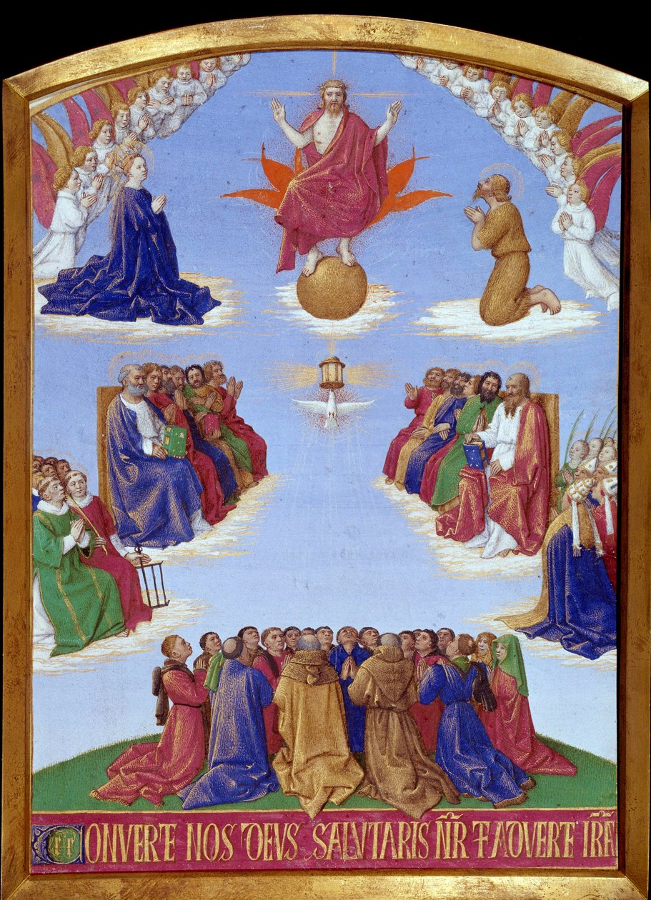 Helluntai: Pyhän Hengen ylösnousemus. Miniatyyri otettu Jean Fouquet