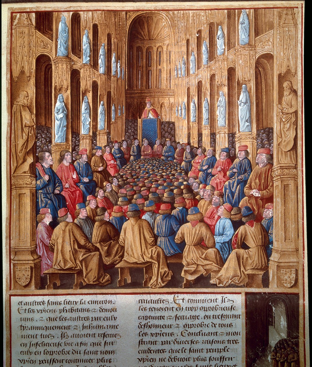 Paavi Urbanus II (1042-1099) saarnasi ensimmäistä ristiretkeä Clermontin kirkolliskokouksessa Ranskassa, joka yhdisti ritarit, aateliset ja kardinaalit tekijältä Jean Fouquet