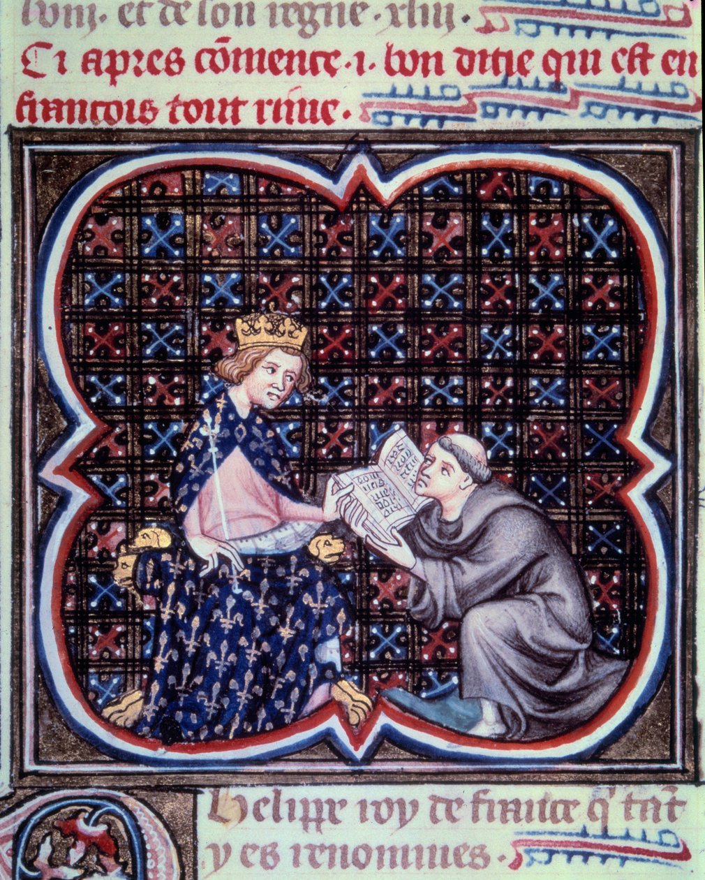 Kädellinen esittelemässä Ranskan suurten kronikoiden tekstiä Philip III:lle (1245-1285). Miniatyyri Jean Fouquet