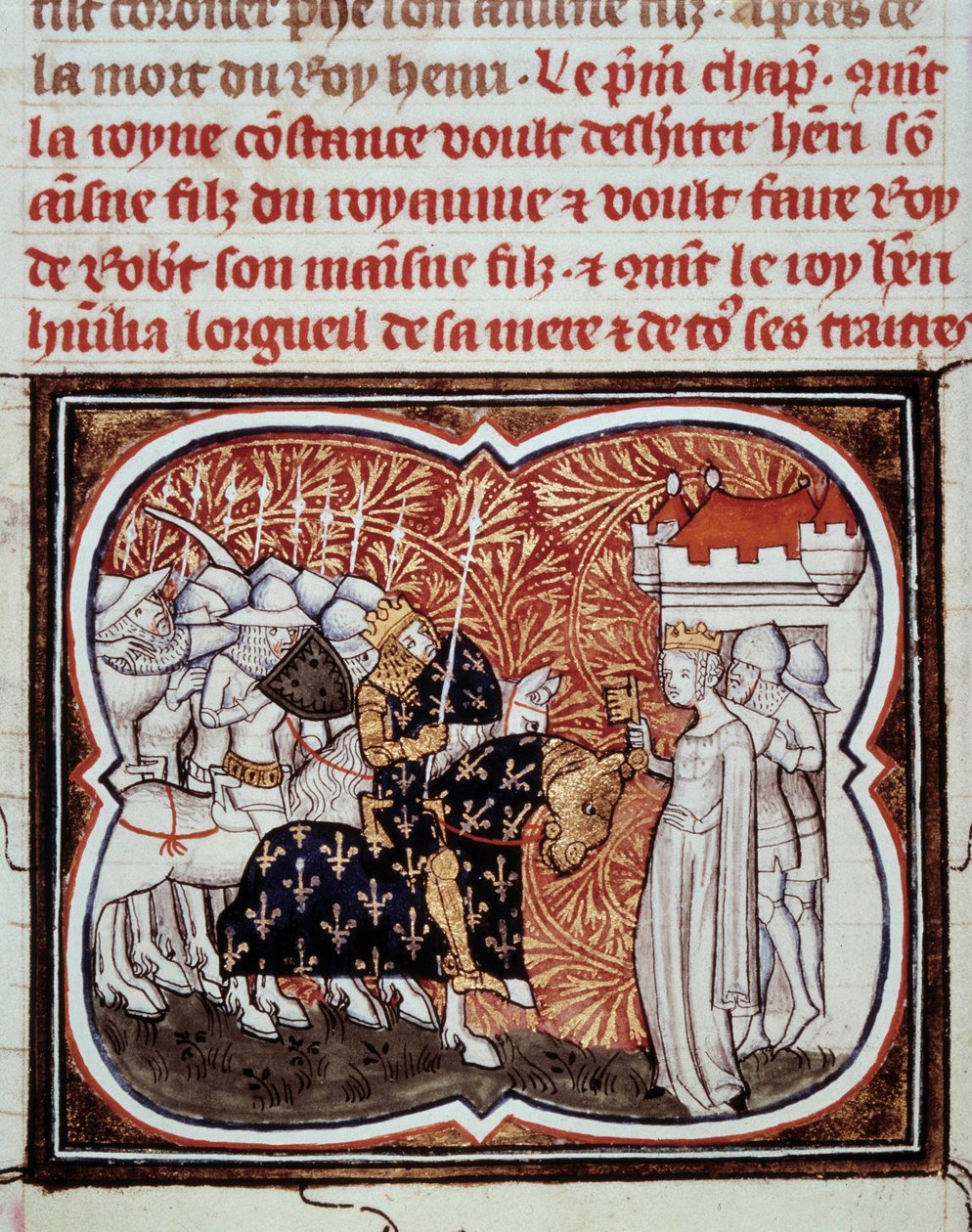 Arlesin kuningatar Konstanz (986-1032) antautuu pojalleen Henrik I:lle Ranskan kuninkaalle (1008-1060) Jean Fouquet