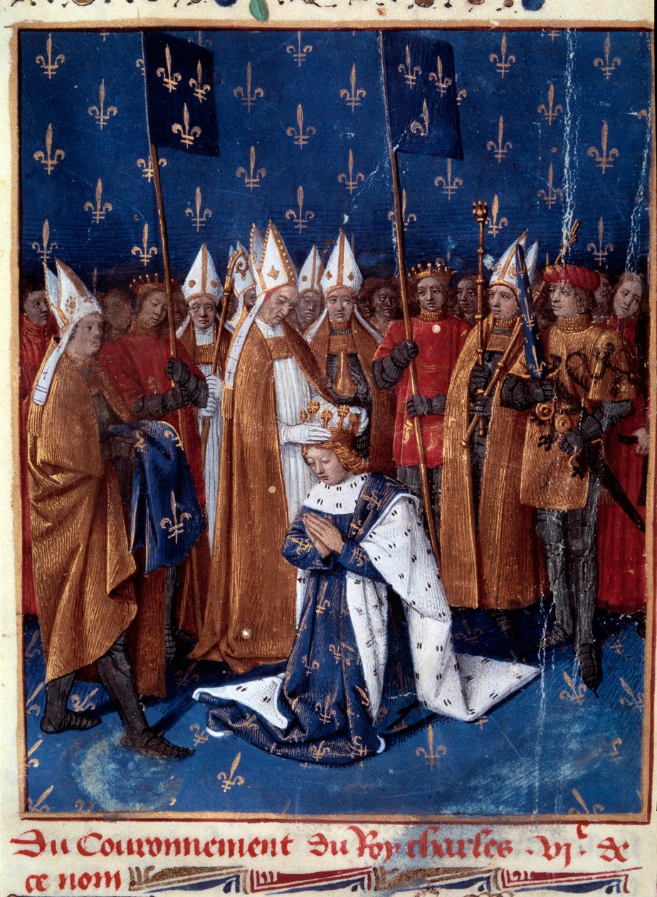 Pyhä Kaarle VI Reimsissä vuonna 1380. Miniatyyri teoksessa "Grandes Chronicles de France" (Folio 457v), jonka Jean Fouquet (1420-1481) on kuvannut 1455-1460. BN, Pariisi. tekijältä Jean Fouquet