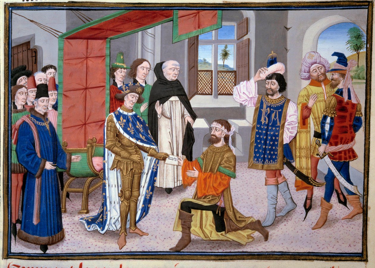Seitsemäs ristiretki: Ranskan kuningas Saint Louis (tai Ludvig IX) (1214-1270) Nikosiassa Kyproksella noin 1245. Miniatyyri Jean Fouquet