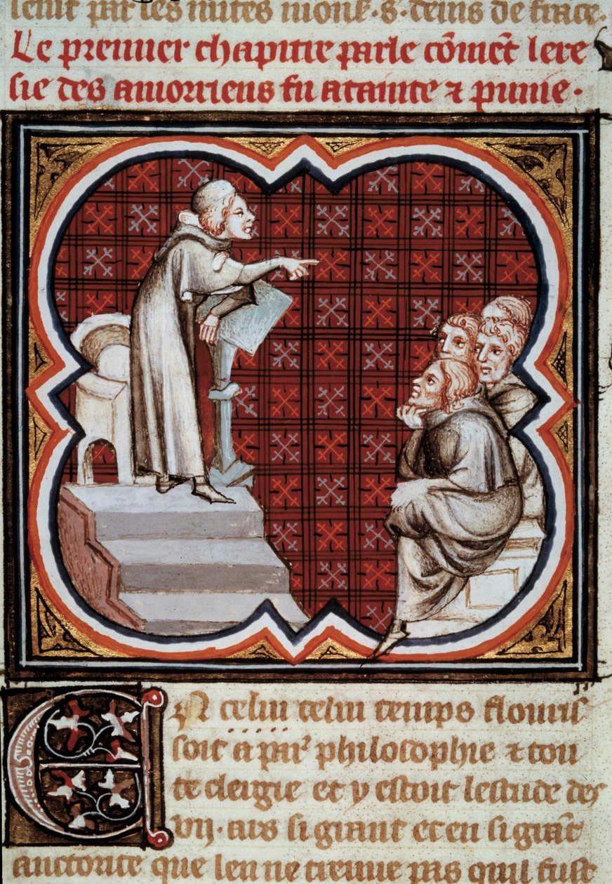 Ranskalainen filosofi ja teologi Amaury de Chartres (tai Amaury de Bene tai Amalricus de Bene) (kuoli 1209) opetuslastensa (amaurialaisten) edessä. Miniatyyri Les Grandes Chronicles de Francesta"" valaistunut Jean Fouquet (1420-1481) tekijältä Jean Fouquet