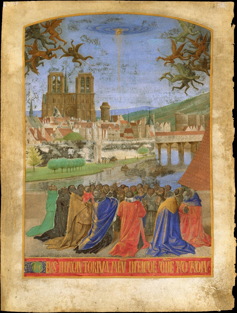 Jumalan oikea käsi suojelee uskollisia demoneilta, n. 1452-1460. tekijältä Jean Fouquet
