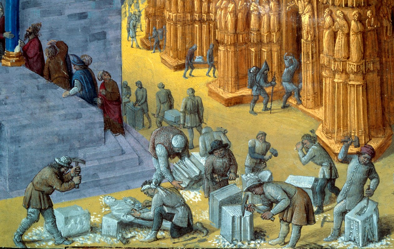 Kuningas Salomon rakentama Jerusalemin temppelin Kivenhakkaajia edustava yksityiskohta. Miniatyyri Josephus Flaviuksen (Giuseppe Flavio, Flavius Josephe) (37-100) käsikirjoituksesta ”Juutalaiset muinaiset esineet”, kuvittanut Jean Fouquet (1425-1481) tekijältä Jean Fouquet