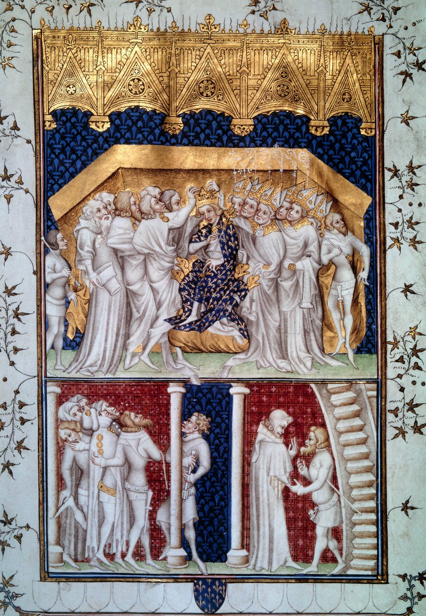 Kaarle VI:n (1368-1422) kruunasi Ranskan ikäisensä 16.9.1380. Pienoiskuva Grandes Chronicles de Francesta" Jean Fouquet (1420-1481) 1400-luvun Pariisi, B.N. tekijältä Jean Fouquet