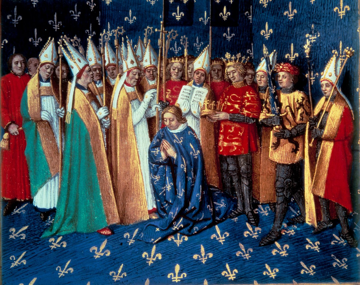 Philippe Augusten kruunajaiset Reimsissä 11.1.1179. Pienoiskuva Saint Denisin aikakirjoista" Jean Fouquet (1420-1481) 1400-luku. Paris, B.N. tekijältä Jean Fouquet