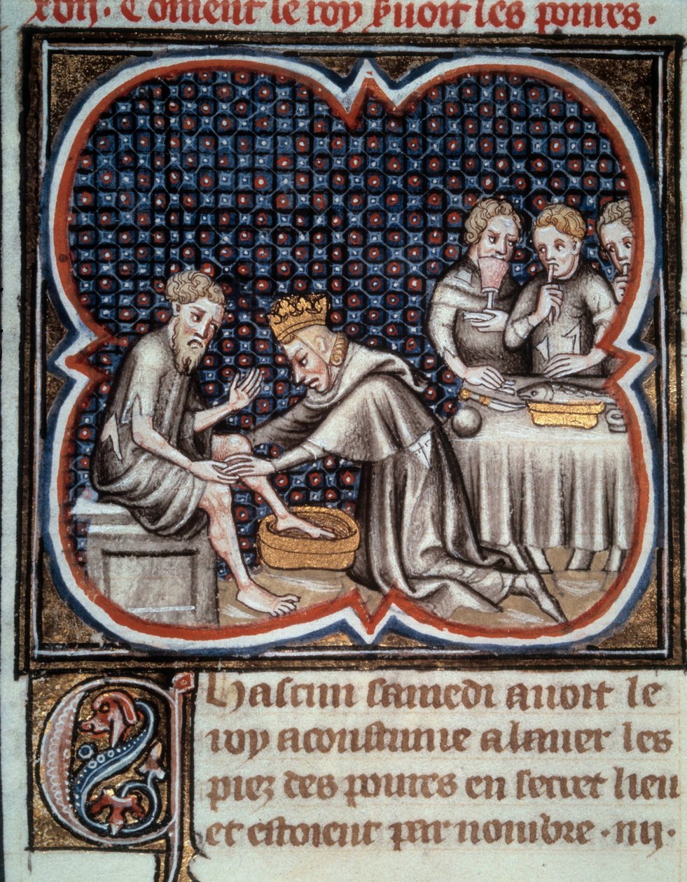 Kuningas Ludvig IX:n (1214-1270) jalka (Pyhä Louis): hän antaa ruokaa ja pesee köyhien jalat. Miniatyyri Jean Fouquet