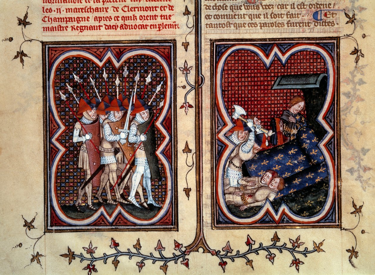 Etienne Marcel (1315-1358) ja hänen miehensä murhasivat marechaux Robert de Clermontin ja Jean de Conflansin delfiini Charlesin (tuleva Kaarle V) huoneessa Palais de la citessa 22. helmikuuta. tekijältä Jean Fouquet