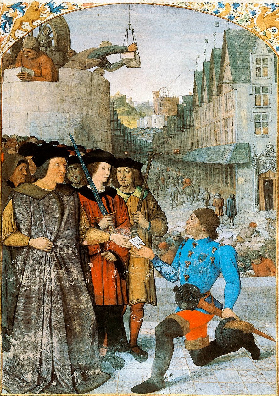 Rochechouartin varakreivi vastaanottaa kuninkaallisen sanansaattajan. Jean Fouquet