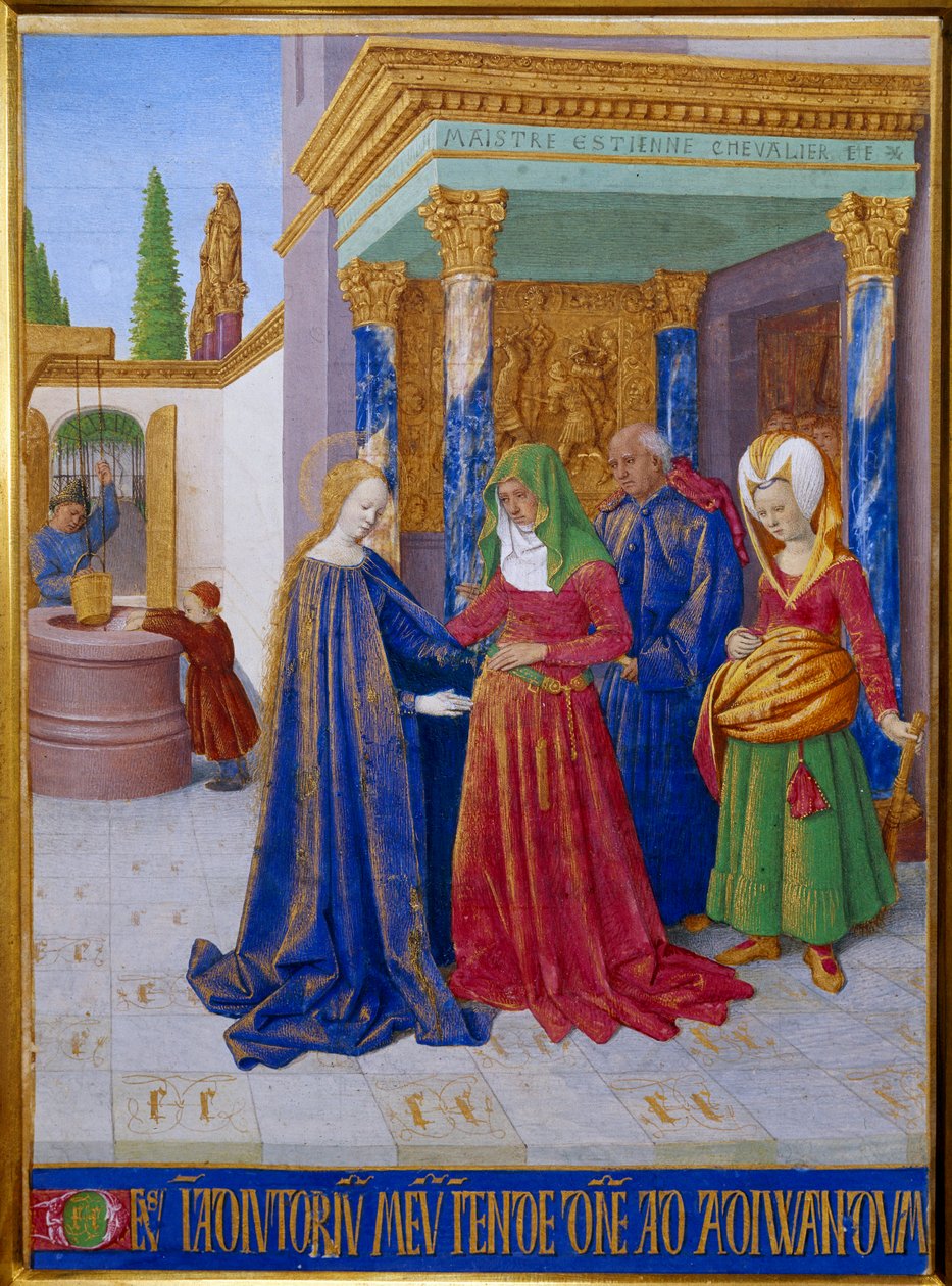 Vierailu. Neitsyt Marian ja Pyhän Elisabetin tapaaminen. Miniatyyri Jean Fouquet