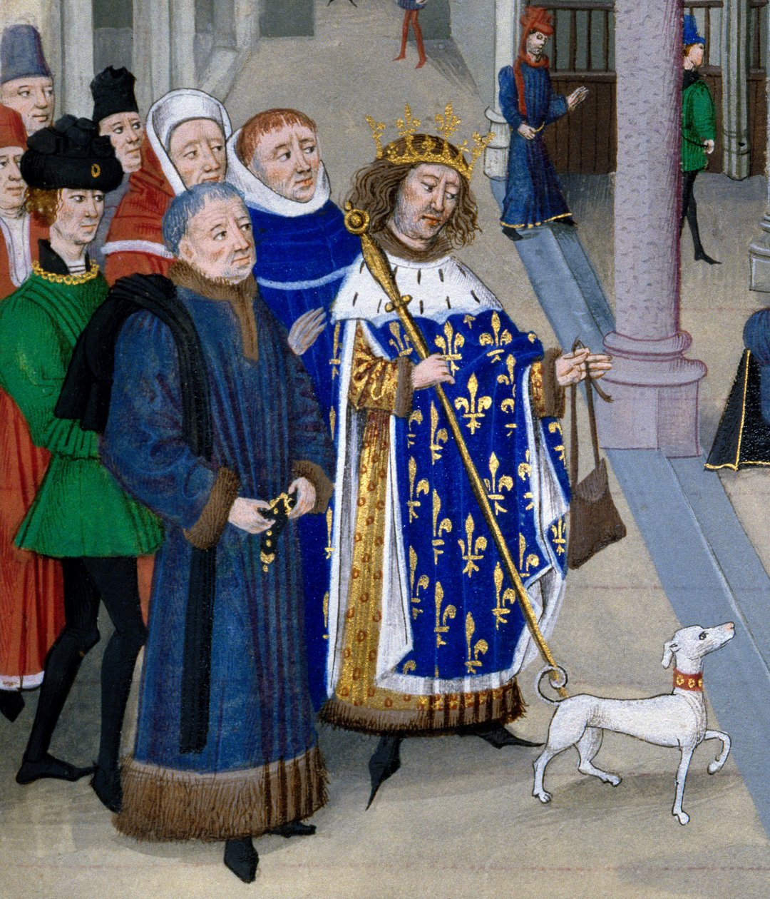 yksityiskohta "" Kuningas Saint Louis (Louis IX (1214-1270) valmistautumassa ulkomaille""" Miniatyyri Jean Fouquet