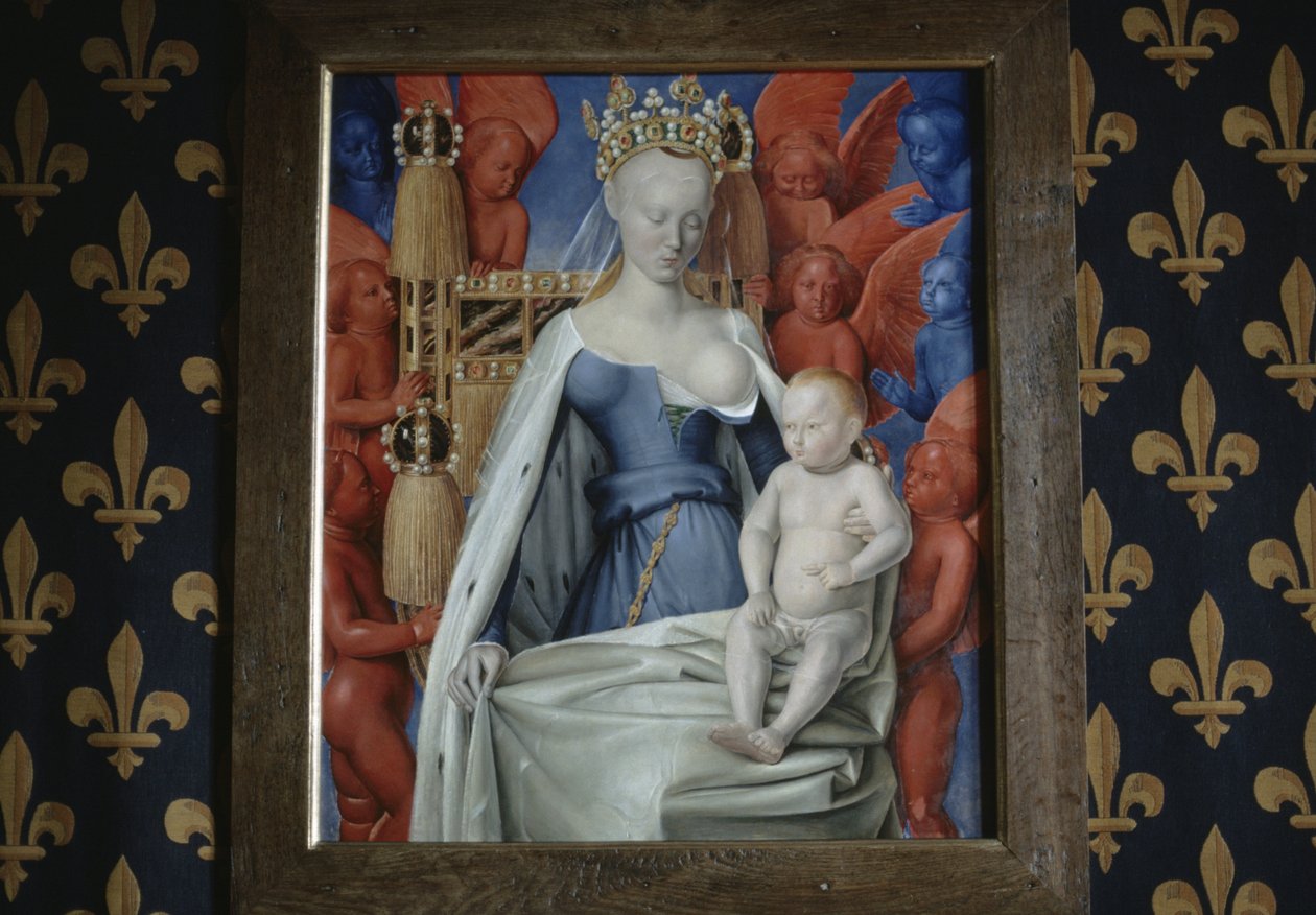 näkymä maalaukseen Madonna serafien ja kerubien ympäröimänä Lochesin linnassa, Ranska (kuva) tekijältä Jean Fouquet