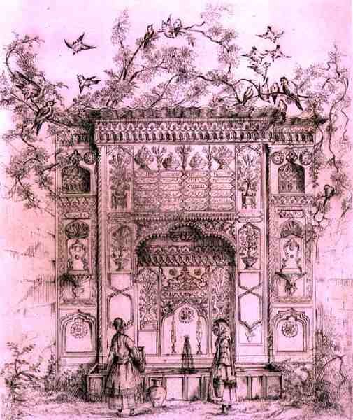 Koristesuihkulähde, lähellä Galata-tornia Konstantinopolissa, teoksesta "Taide ja teollisuus", julkaisija Delatre, Paris tekijältä Jean Francois (after) Albanis de Beaumont