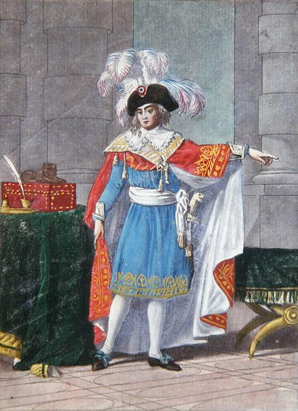 Yksi viidestä Directorire-kauden (1795-1799) johtokunnan jäsenestä juhlapuvussa (värikaiverrus) tekijältä Jean Francois (after) Garneray