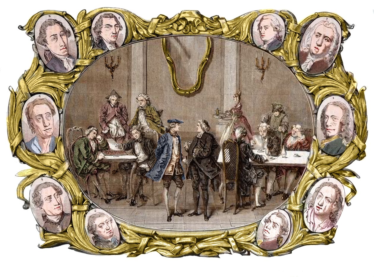 Pariisi - Kahvila "" Procope"" 1700-luvulla oikealta vasemmalle, mitaleissa Georges Louis Leclerc, Comte de Buffon, Nicolas Joseph Florent Gilbert, Denis Diderot, Jean le Rond d