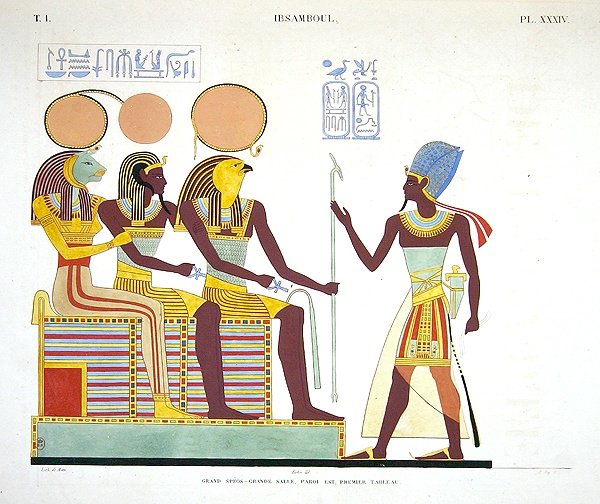 Fresko Ibsambulista, joka kuvaa Ramses II:ta Sekhmetiä päin (1–R), mahdollisesti Ramses II:n ja Re-Horakhtyn jumaluus tekijältä Jean Francois Champollion