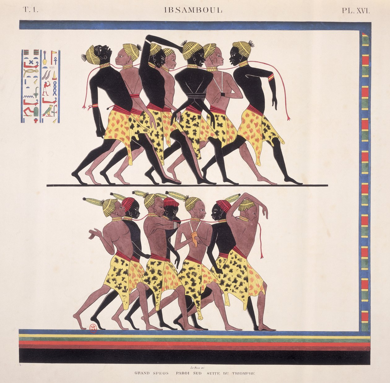 Tulkinta Ibsambulin freskoista, jotka kuvaavat nubialaisia orjia, taiteilijan teoksesta "Monuments de l"Egypte et de la Nubie", n. 1835 tekijältä Jean Francois Champollion