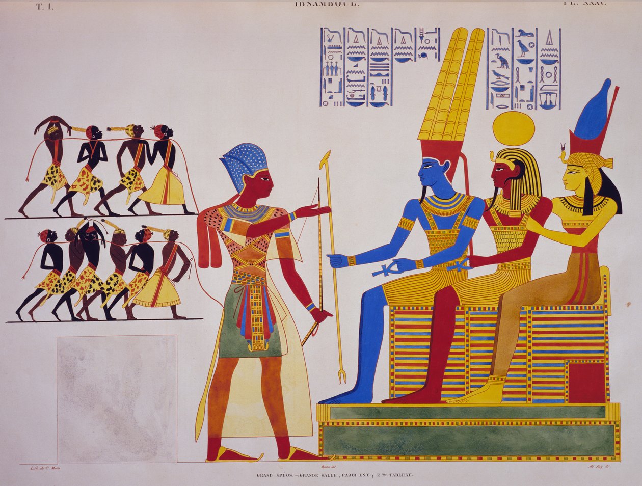 Ramses II ennen Triadia, fresko Abu Simbelin suuren salin itäseinästä, Egyptin ja Nubian monumenteista tekijältä Jean Francois Champollion