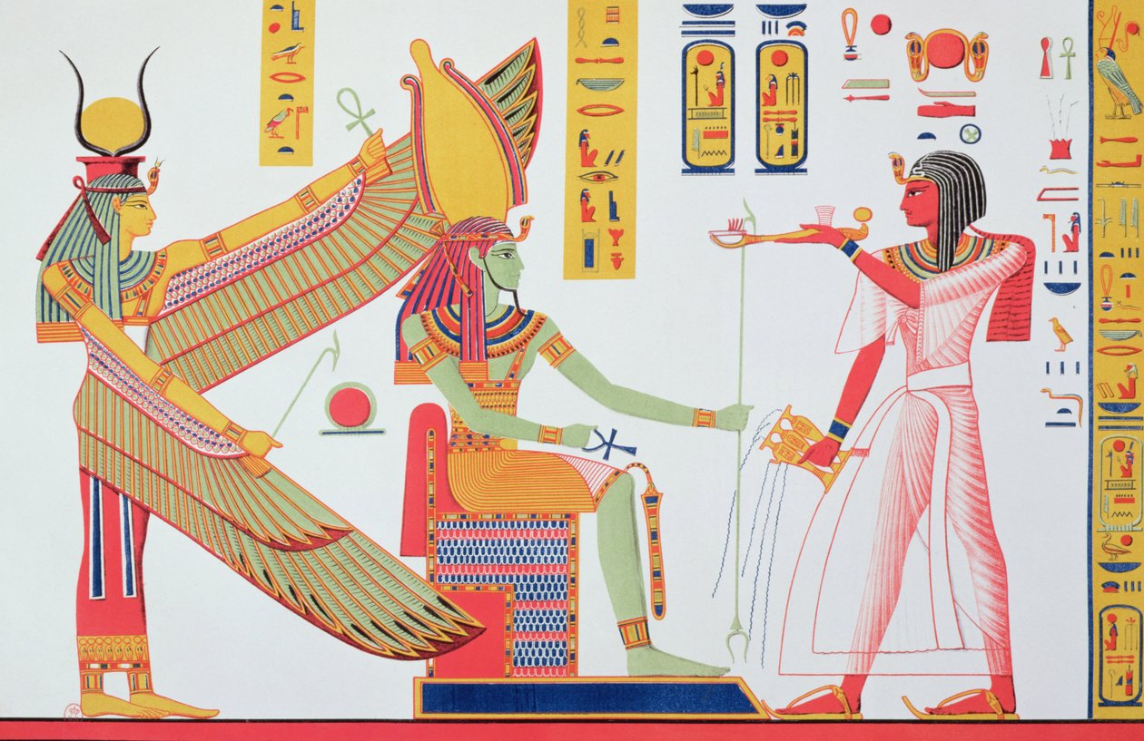 Ramses IV (1153-1147 eKr.) uhraa suitsukkeita Isikselle ja Amon-Relle, istuu valtaistuimella, kopio seinämaalauksesta hänen haudastaan Kuninkaiden laaksossa, levy 260 Jean-Francois