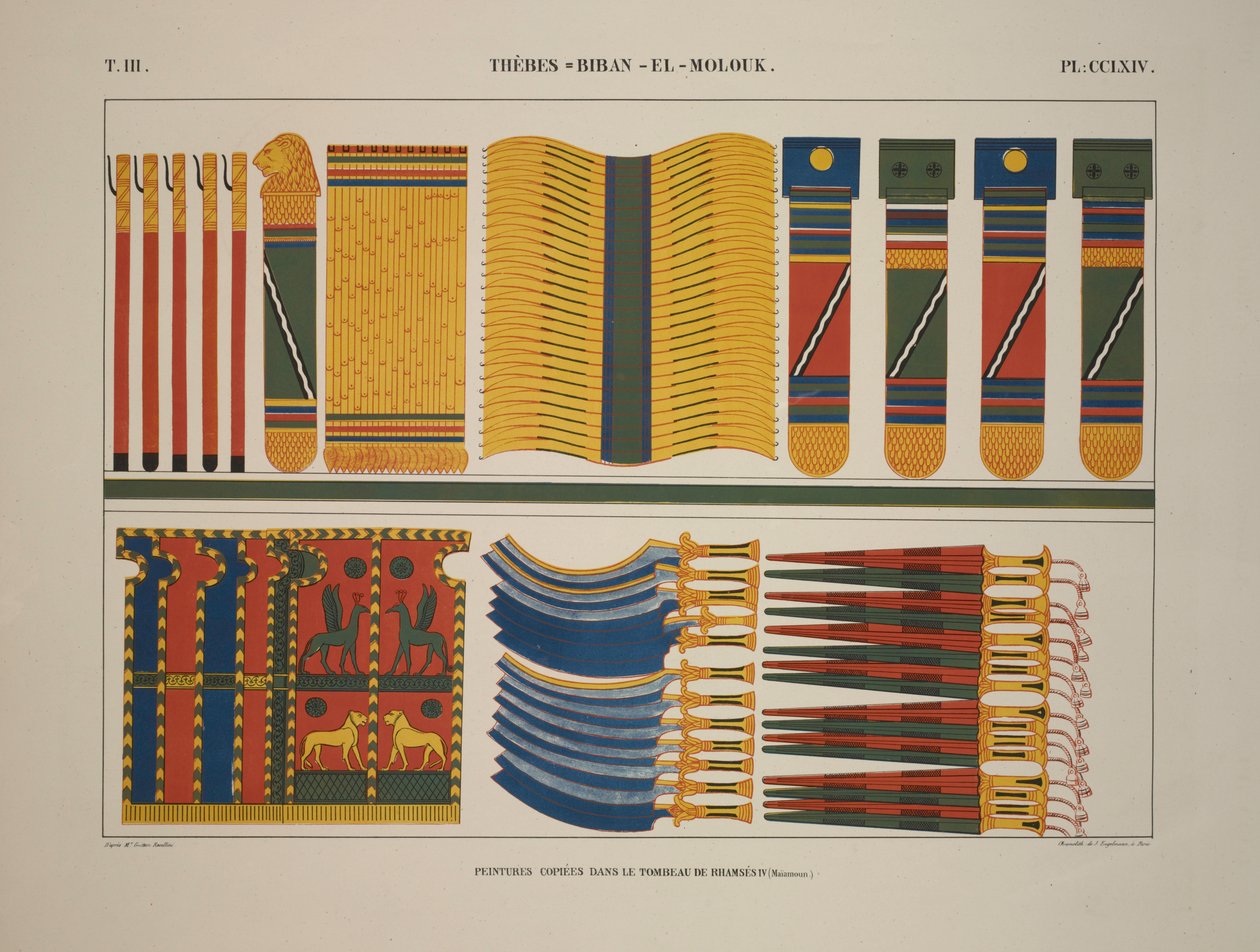 Erilaisia ​​egyptiläisiä aseita, Thebes, Biban-el-Molouk, kuva "Egyptin ja Nubian muistomerkit, 1845 tekijältä Jean Francois Champollion