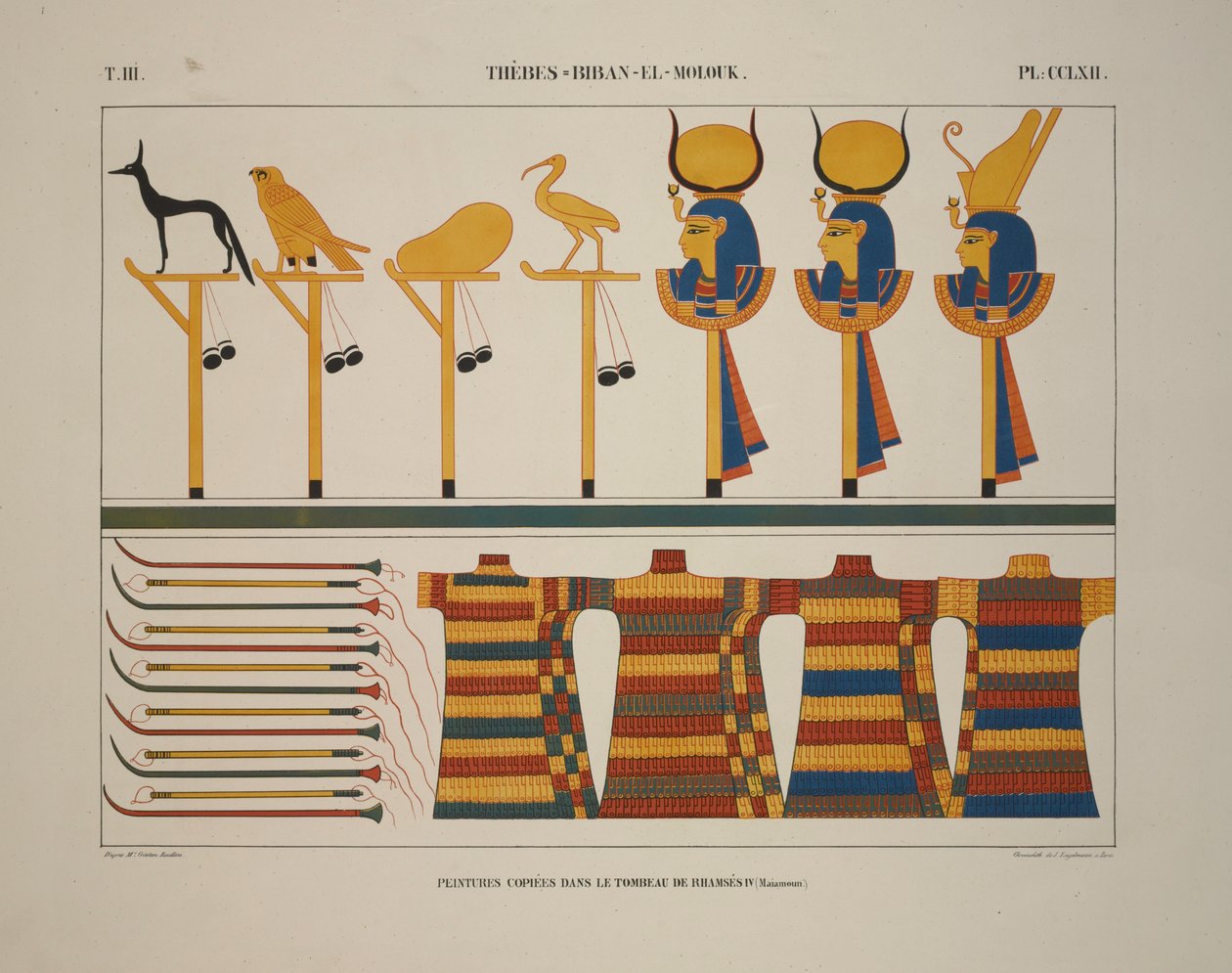 Aseet ja merkit, Thebes, Biban-el-Molouk, kuva "Egyptin ja Nubian muistomerkit, 1845 tekijältä Jean Francois Champollion