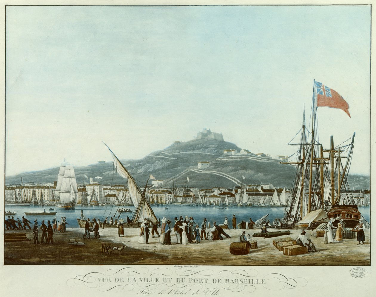 Näkymä Marseillen kaupunkiin ja satamaan kaupungintalolta, n. 1815-30 (akvatinta) tekijältä Jean Francois Garneray