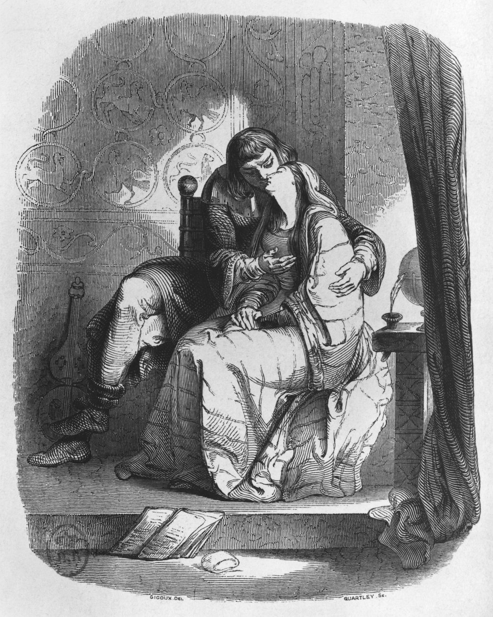 Heloise ja Abelard suutelevat, kuvitus kirjasta "Lettres d