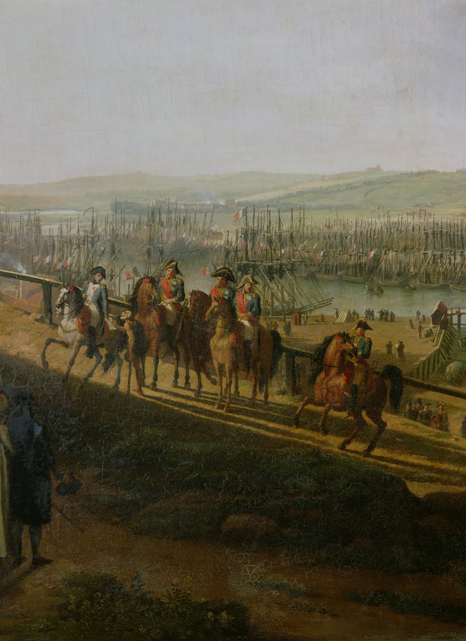 Napoleon Bonaparte (1769-1821) Vierailee Boulognen leirillä heinäkuussa 1804, yksityiskohta Napoleonista ja laivueesta, 1806 tekijältä Jean Francois Hue