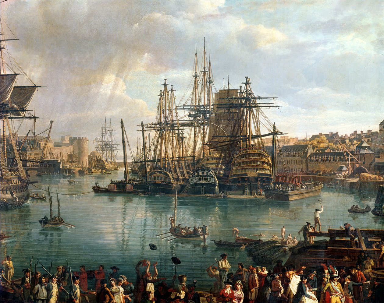Brestin satama näköalalla merenkulkuun, 1794 yksityiskohta numerosta 95402 öljy kankaalle tekijältä Jean Francois Hue